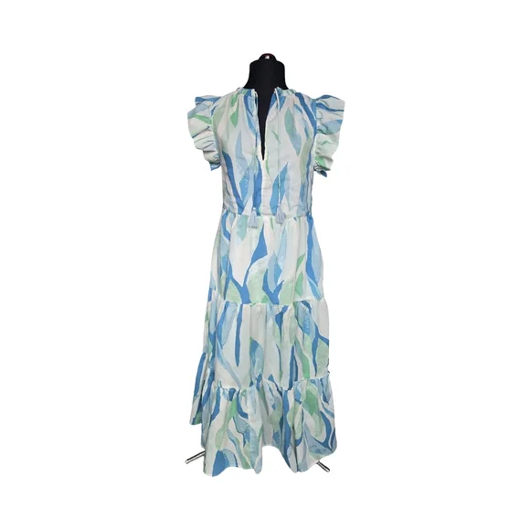 Blue & Green Flutter Sleeve Maxi Dress 100% Cotton Size S Coastal Cottagecore - Picture 8 of 11